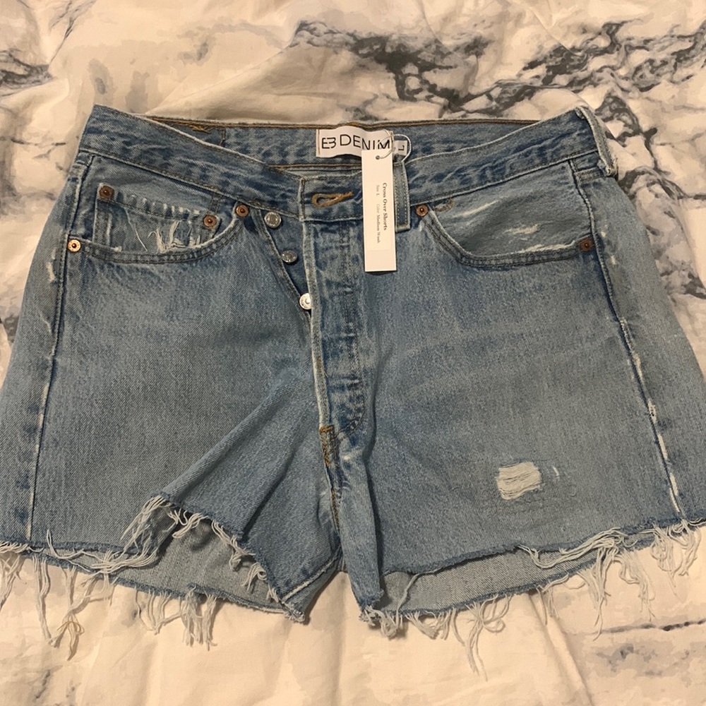 BD denim crossover jean shorts, medium wash, size large